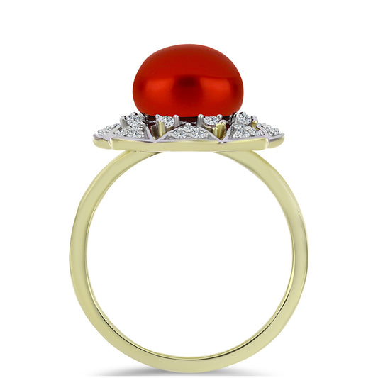 Pierścionek srebrny pozłacany z czerwoną perłą słodkowodną i białym topazem