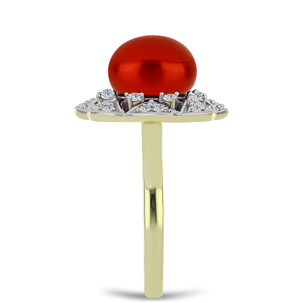 Pierścionek srebrny pozłacany z czerwoną perłą słodkowodną i białym topazem