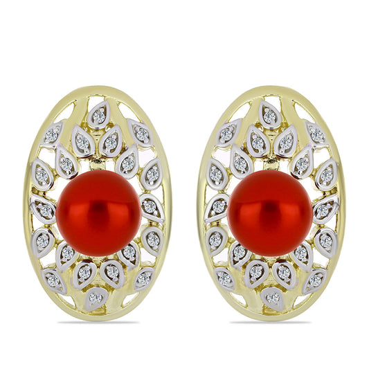 Kolczyki srebrne pozłacane z czerwoną perłą słodkowodną i białym topazem