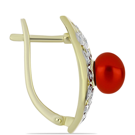 Kolczyki srebrne pozłacane z czerwoną perłą słodkowodną i białym topazem