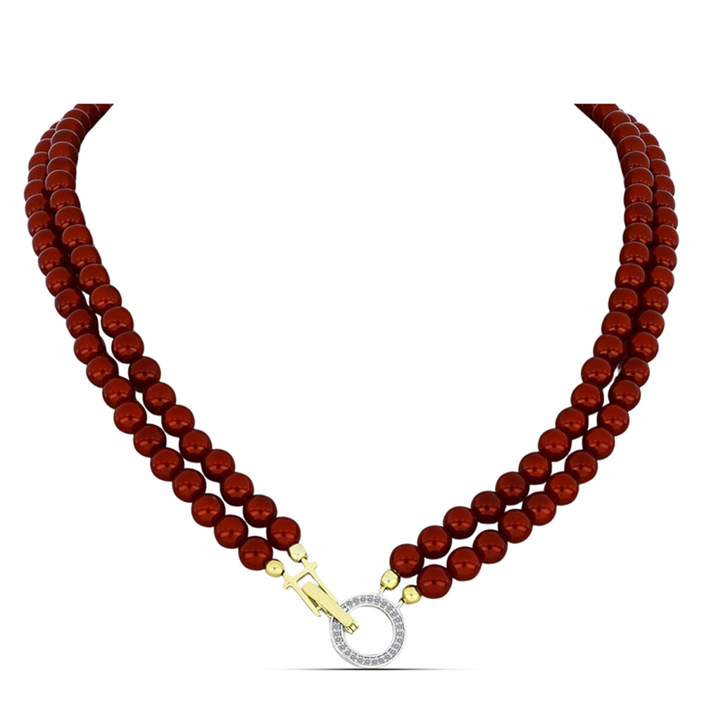 Naszyjnik srebrny pozłacany z czerwoną perłą słodkowodną i białym topazem