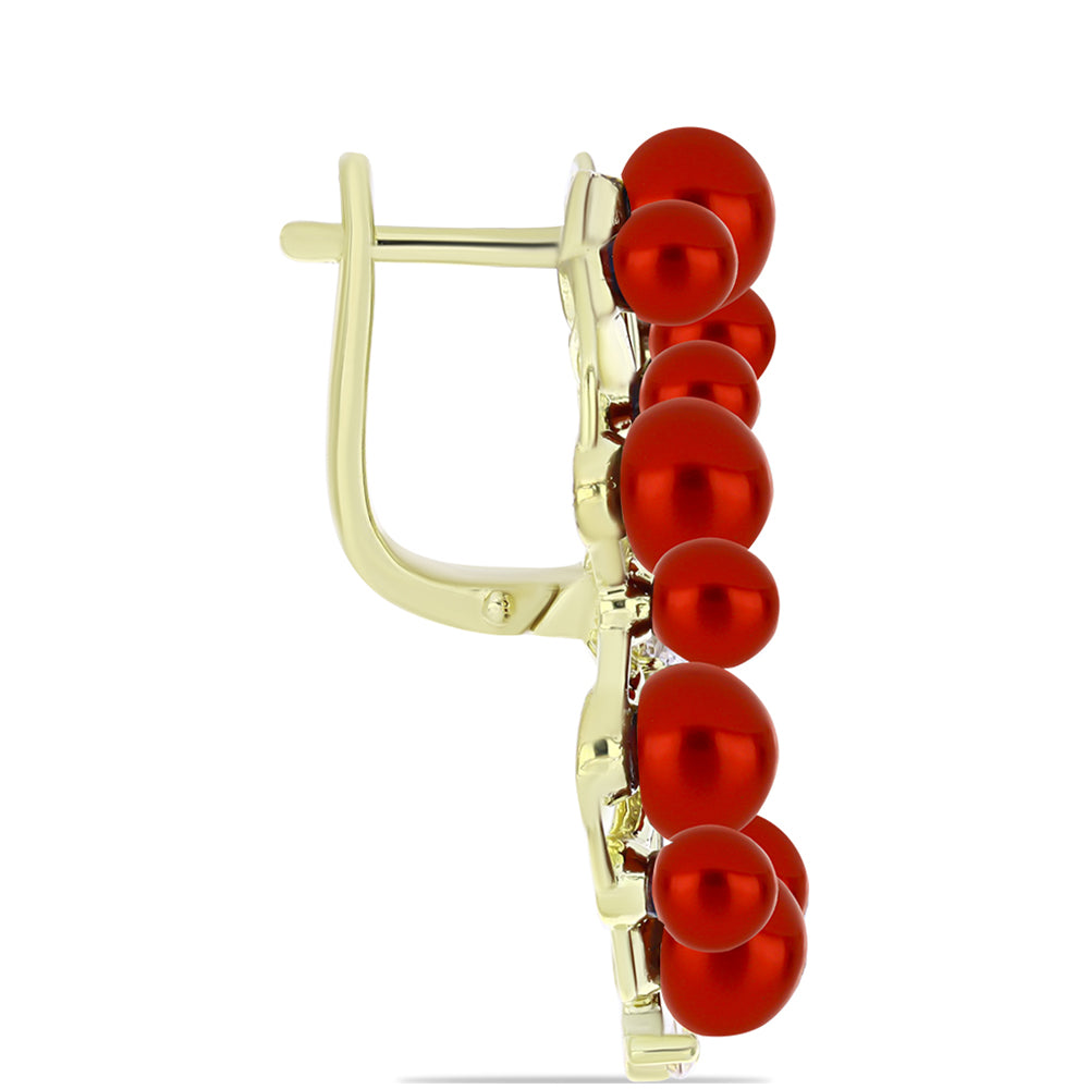 Kolczyki srebrne pozłacane z czerwoną perłą słodkowodną i białym topazem