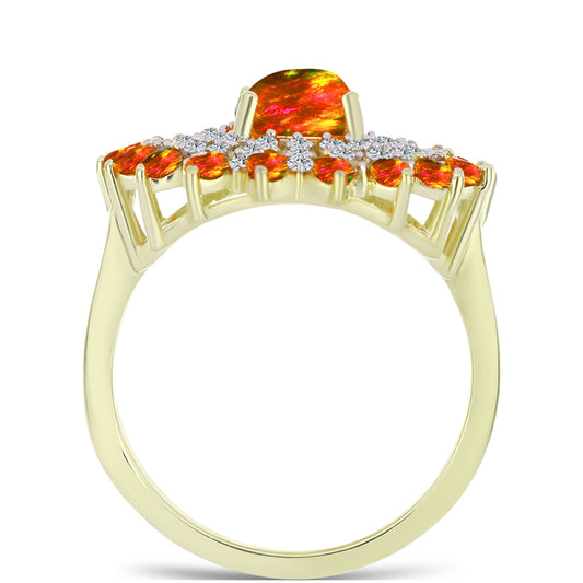 Pierścionek srebrny pozłacany z ognistym amerykańskim opalem i białym topazem