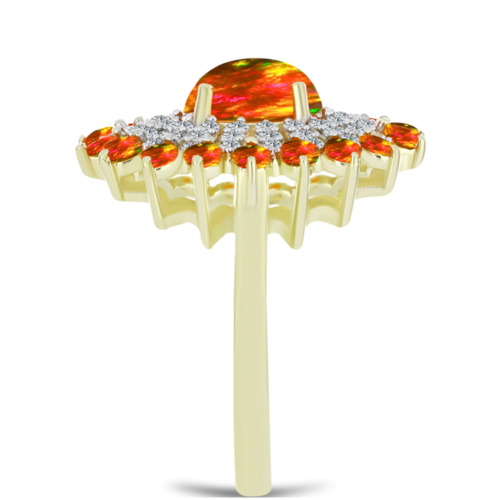 Pierścionek srebrny pozłacany z ognistym amerykańskim opalem i białym topazem