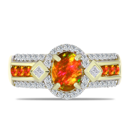 Pierścionek srebrny pozłacany z ognistym amerykańskim opalem i białym topazem