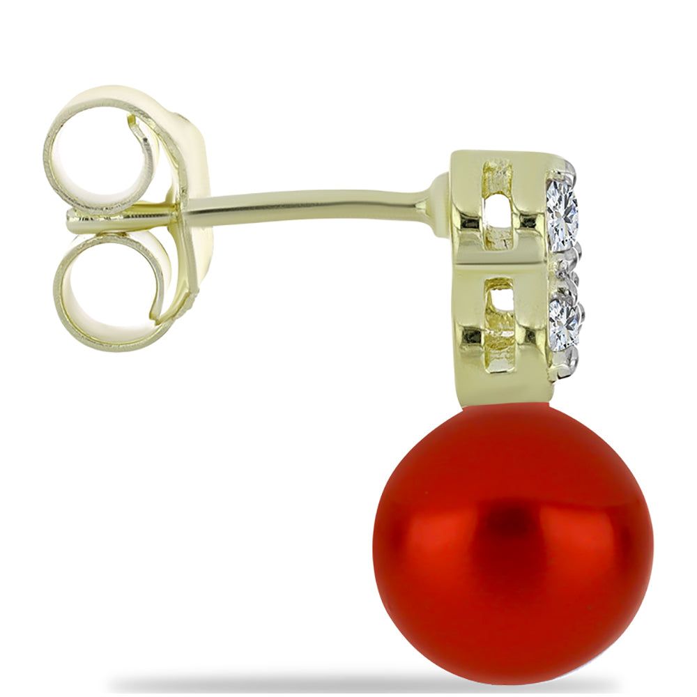 Kolczyki srebrne pozłacane z czerwoną perłą słodkowodną i białym topazem