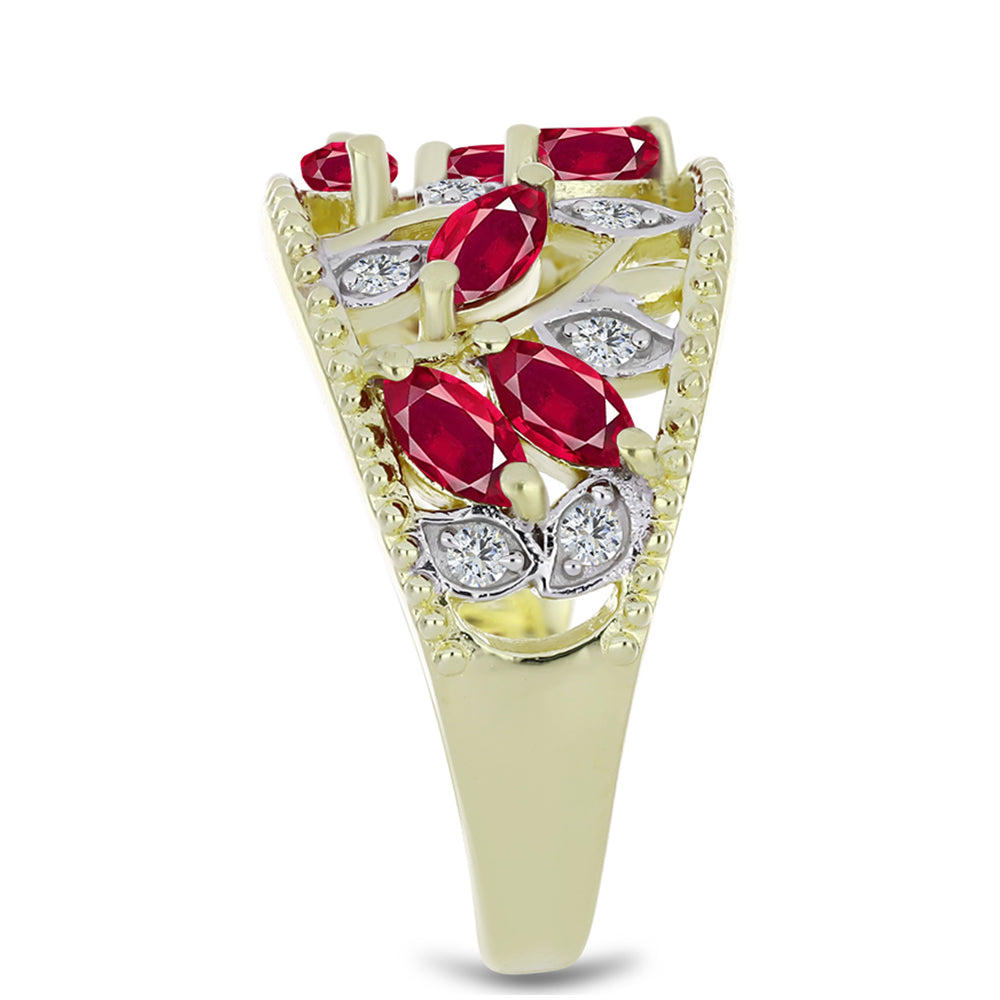 Pierścionek srebrny pozłacany z malgaskim rubinem i białym topazem