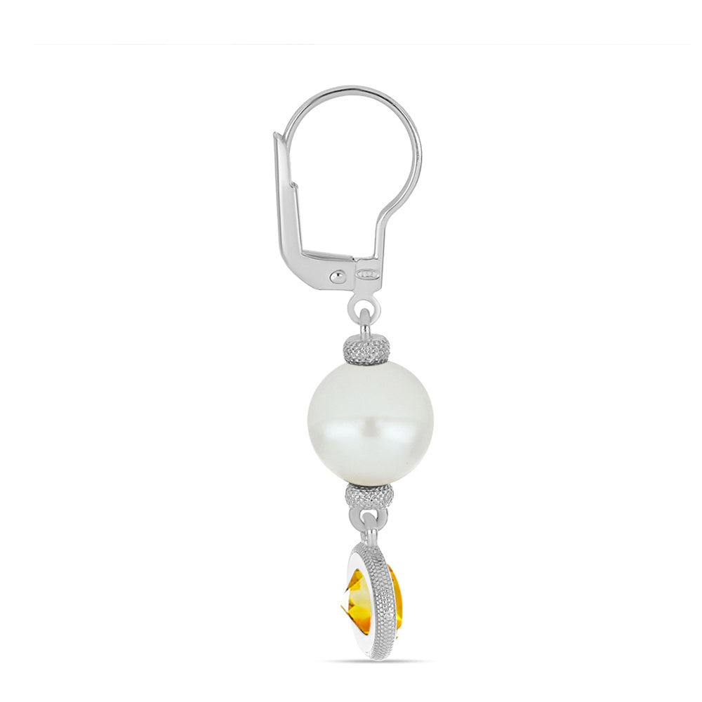 Kolczyki ze srebra próbe 925 z cytrynem uralskim i białą perłą słodkowodną