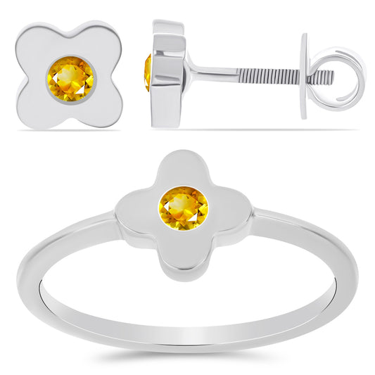 Zestaw ze srebra próbe 925 z cytrynem uralskim ( Kolczyki+Pierścionek )