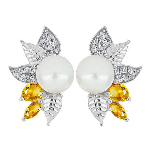 Kolczyki ze srebra próbe 925 z cytrynem uralskim i białą perłą słodkowodną