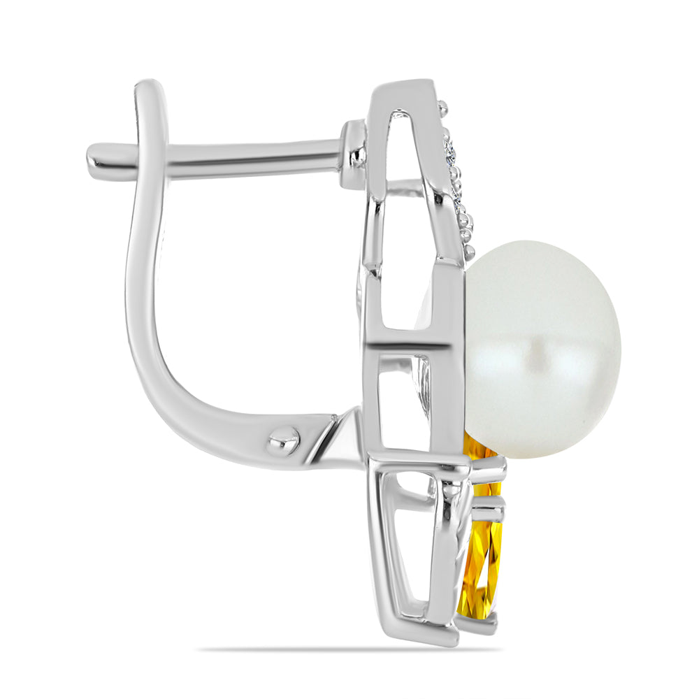 Kolczyki ze srebra próbe 925 z cytrynem uralskim i białą perłą słodkowodną