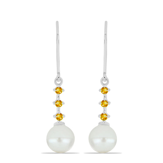 Kolczyki ze srebra próbe 925 z cytrynem uralskim i białą perłą słodkowodną