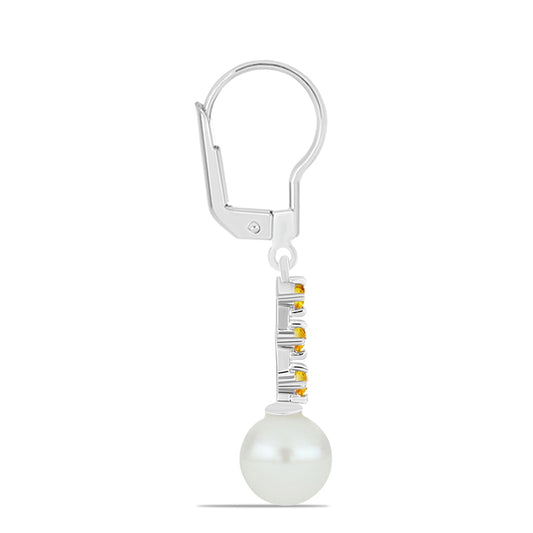 Kolczyki ze srebra próbe 925 z cytrynem uralskim i białą perłą słodkowodną