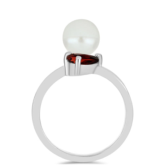Pierścionek ze srebra próby 925 z granatem i białą perłą słodkowodną