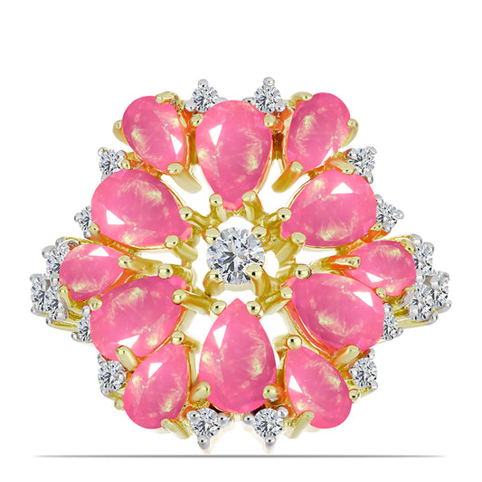 Pierścionek srebrny pozłacany z różowym etiopskim opalem i białym topazem