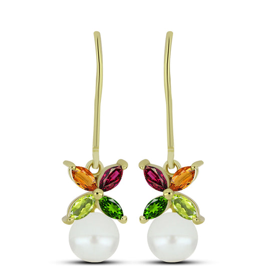 Kolczyki srebrne pozłacane z turmalinem i białą perłą słodkowodną