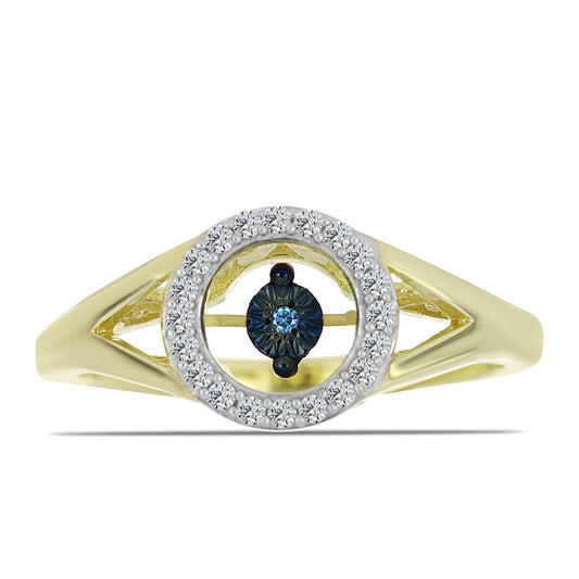 Pierścionek srebrny pozłacany z tańczącym niebieskim diamentem i białym topazem