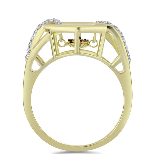 Pierścionek srebrny pozłacany z tańczącym niebieskim diamentem i białym topazem