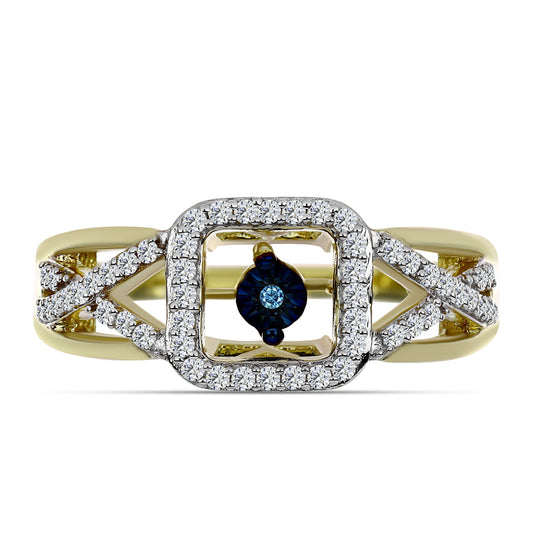 Pierścionek srebrny pozłacany z tańczącym niebieskim diamentem i białym topazem