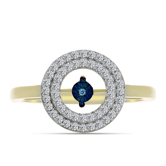 Pierścionek srebrny pozłacany z tańczącym niebieskim diamentem i białym topazem