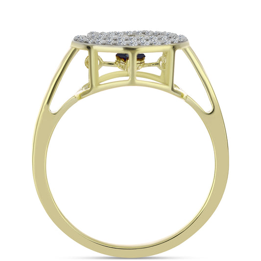 Pierścionek srebrny pozłacany z tańczącym niebieskim diamentem i białym topazem