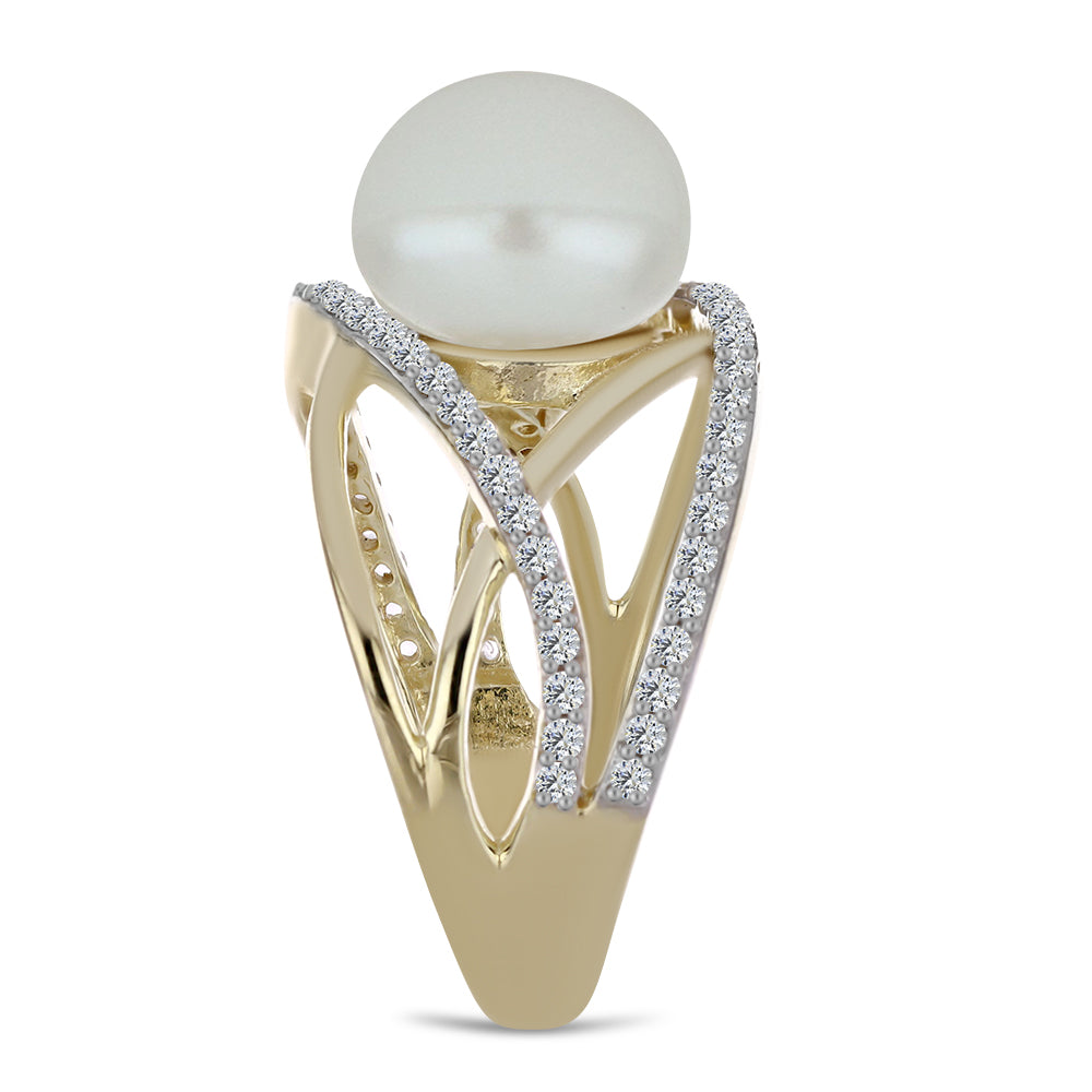 Pierścionek srebrny pozłacany z białą perłą słodkowodną i białym topazem