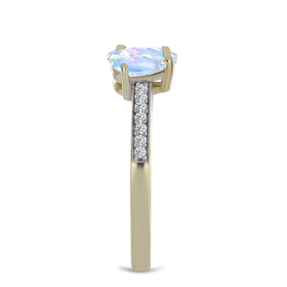 Pierścionek srebrny pozłacany z tęczowym kamieniem księżycowym i białym topazem