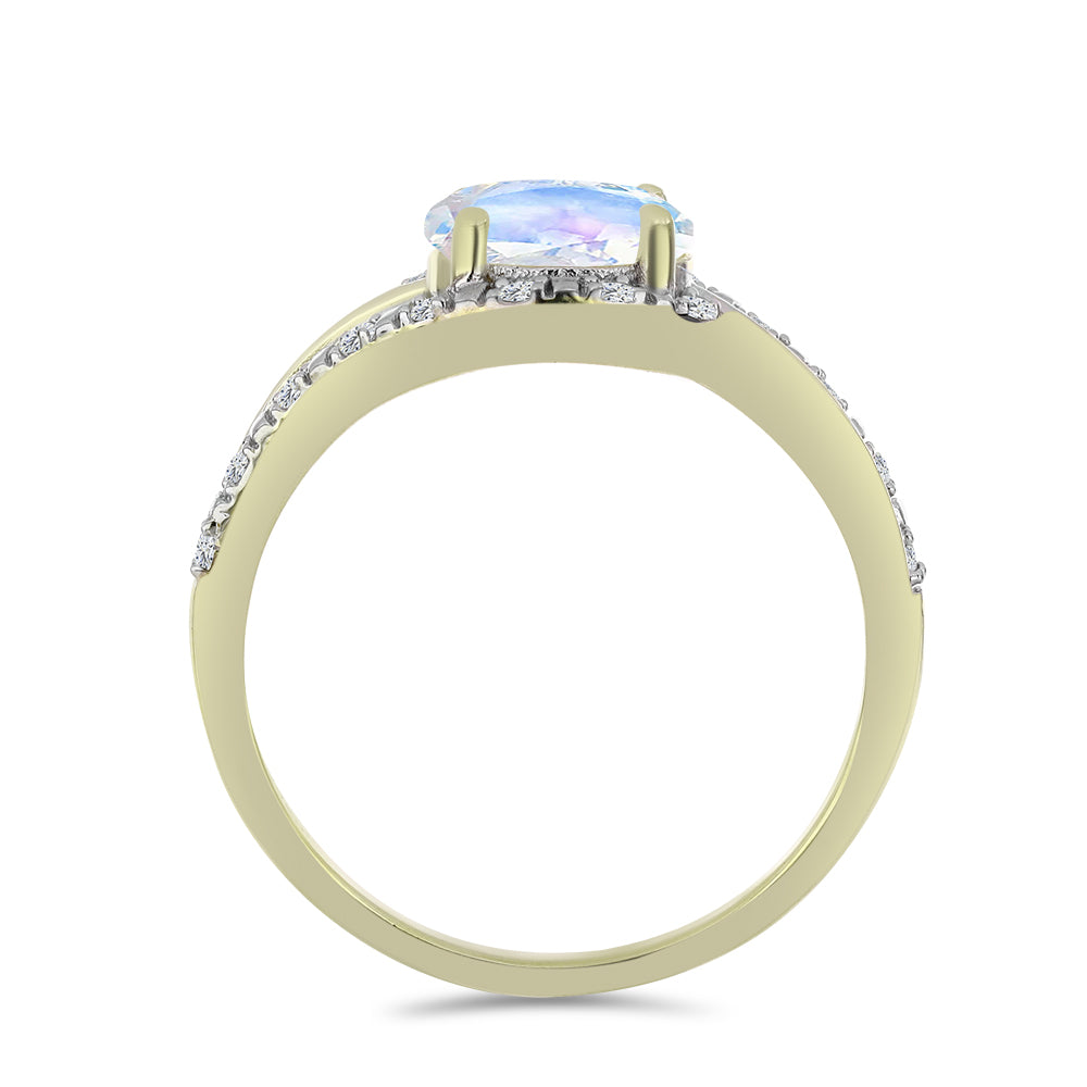 Pierścionek srebrny pozłacany z tęczowym kamieniem księżycowym i białym topazem