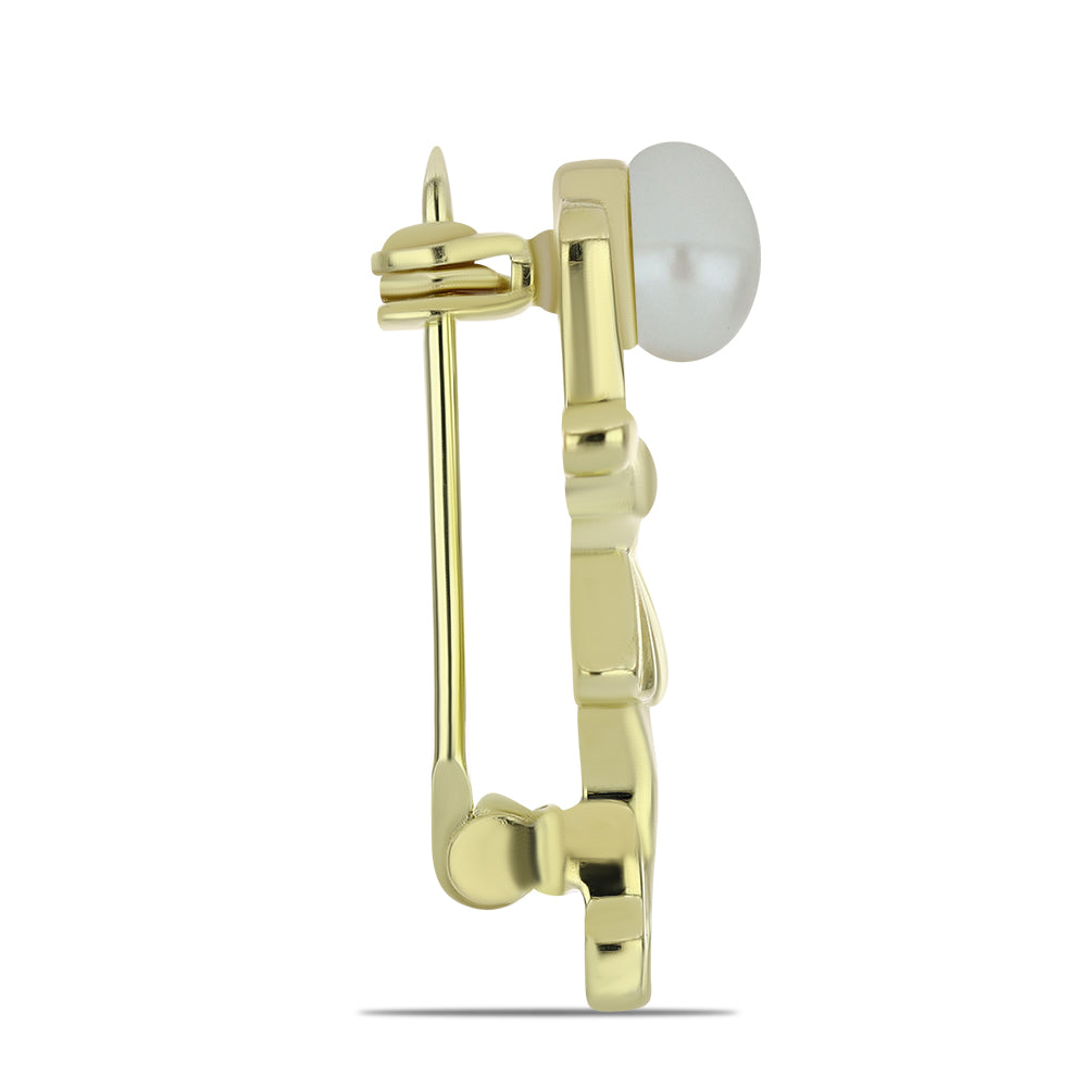 Broszka srebrny pozłacany z białą perłą słodkowodną