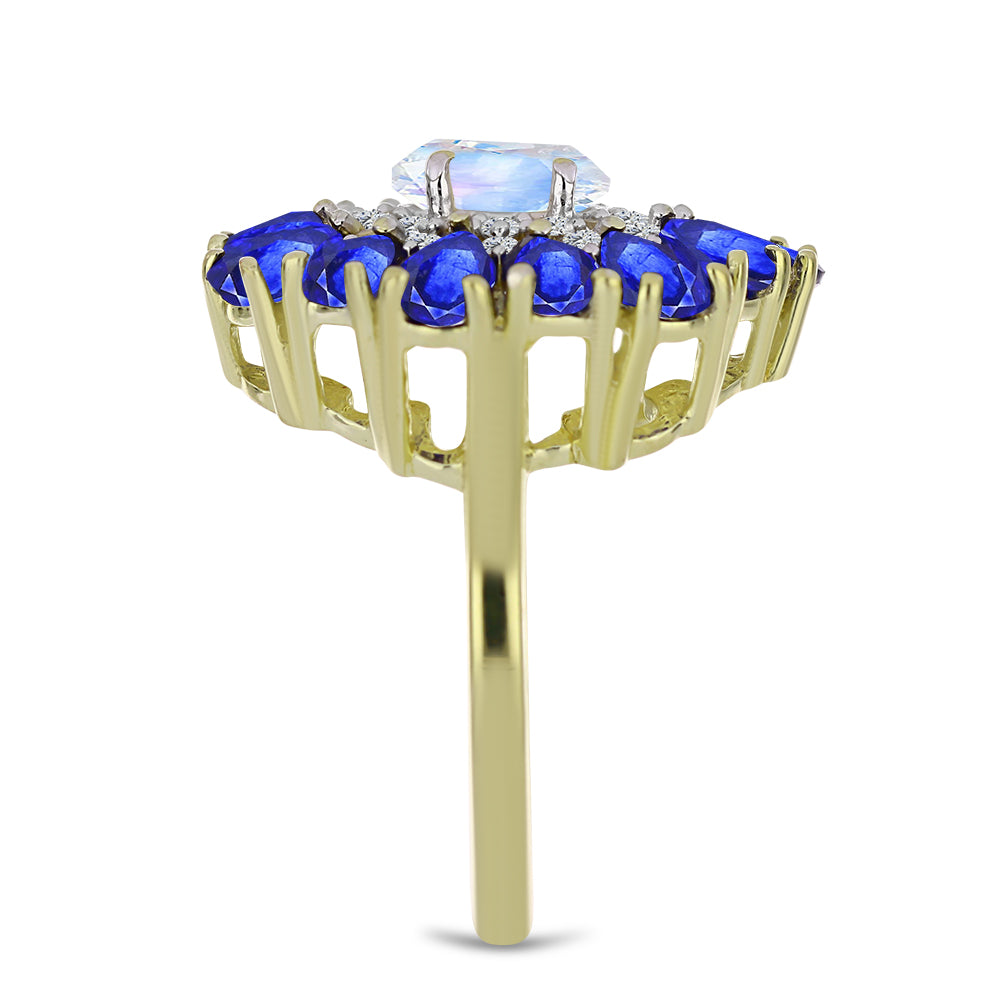 Pierścionek srebrny pozłacany z tęczowym kamieniem księżycowym i australijskim niebieskim szafirem