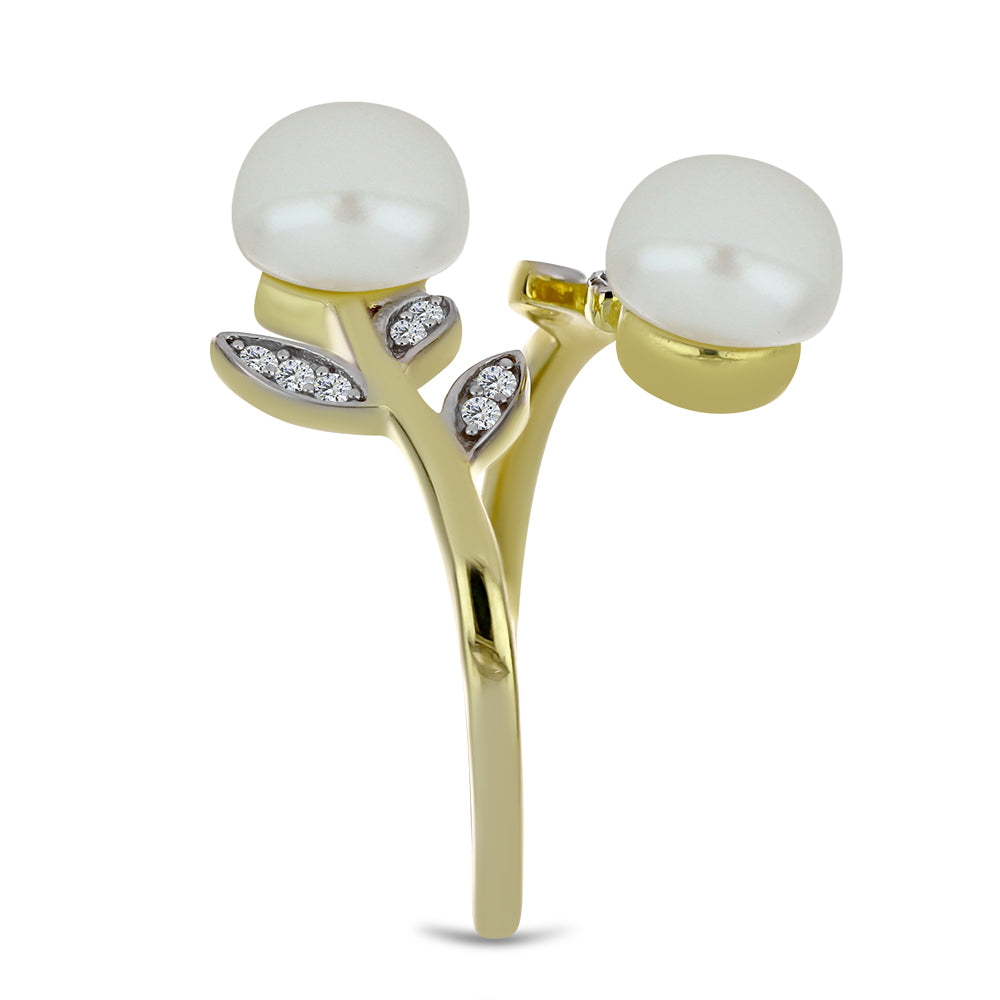 Pierścionek srebrny pozłacany z białą perłą słodkowodną i białym topazem