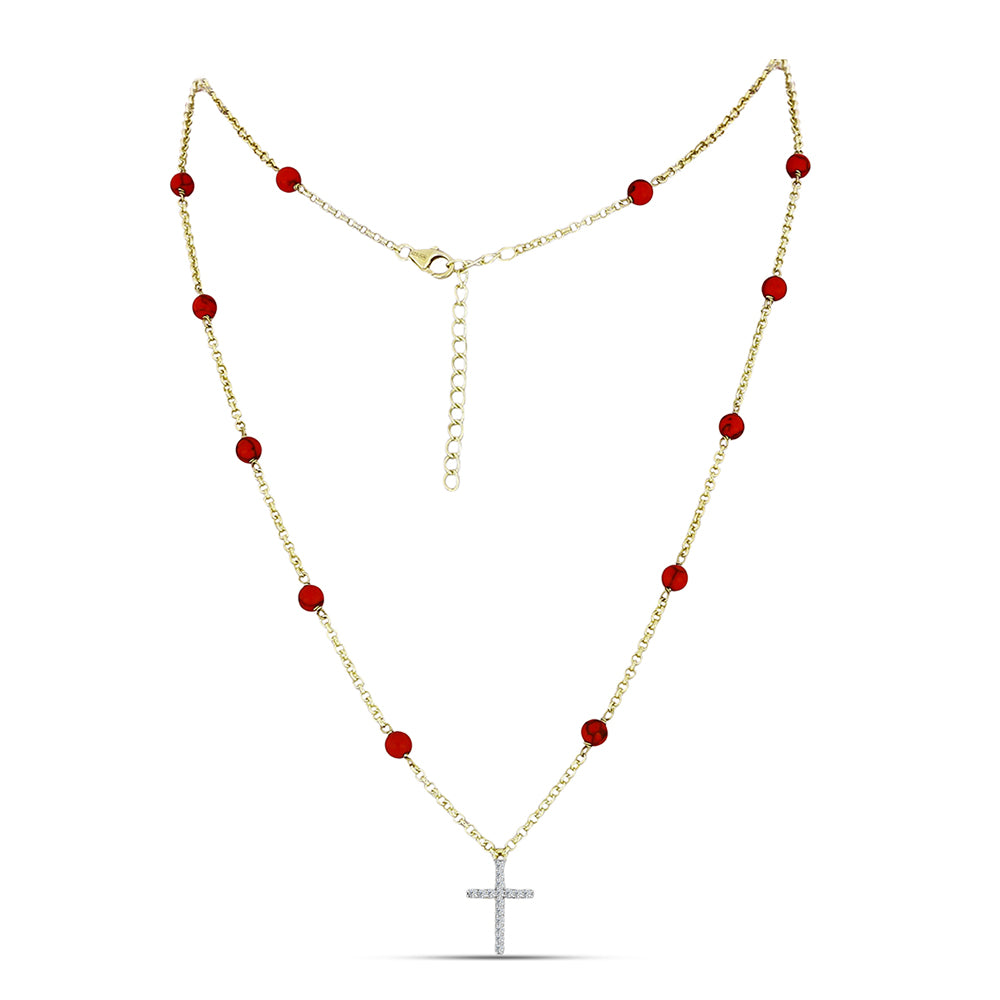 Naszyjnik srebrny pozłacany z czerwoną gąbką koralową i białym topazem