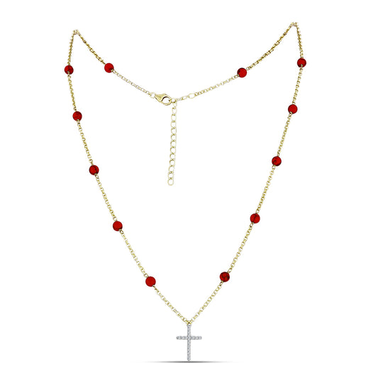 Naszyjnik srebrny pozłacany z czerwoną gąbką koralową i białym topazem