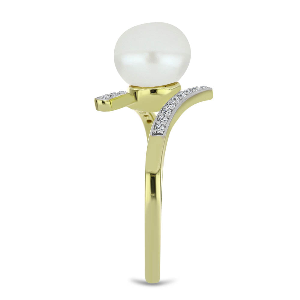 Pierścionek srebrny pozłacany z białą perłą słodkowodną i białym topazem