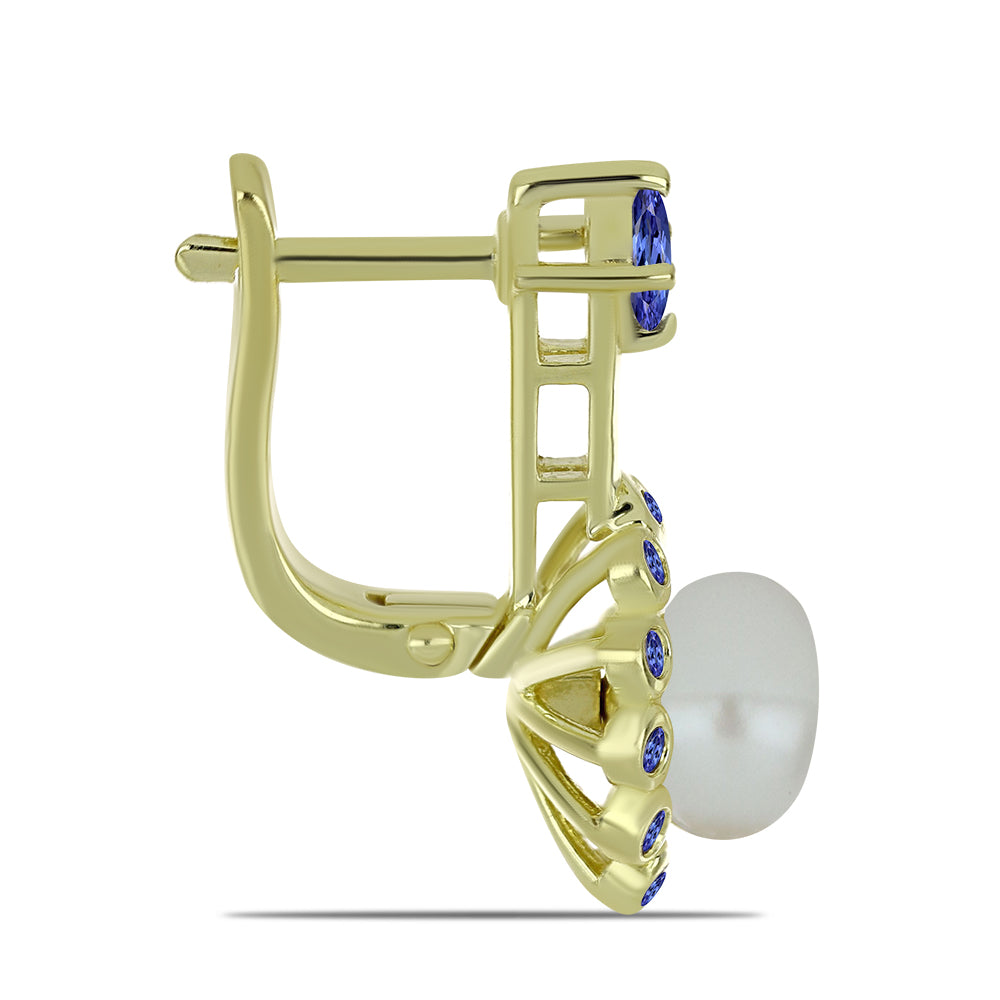 Kolczyki srebrne pozłacane z białą perłą słodkowodną i tanzanitem