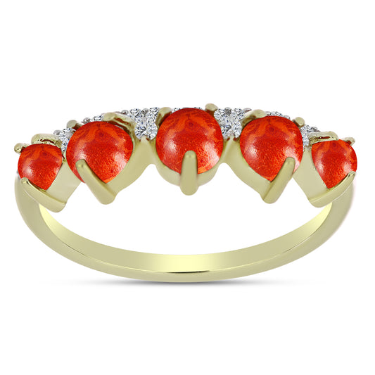 Pierścionek srebrny pozłacany z czerwoną gąbką koralową i białym topazem