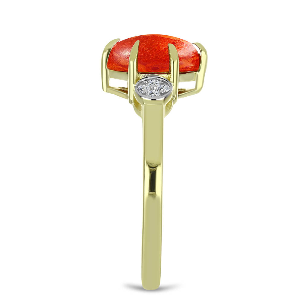 Pierścionek srebrny pozłacany z czerwoną gąbką koralową i białym topazem