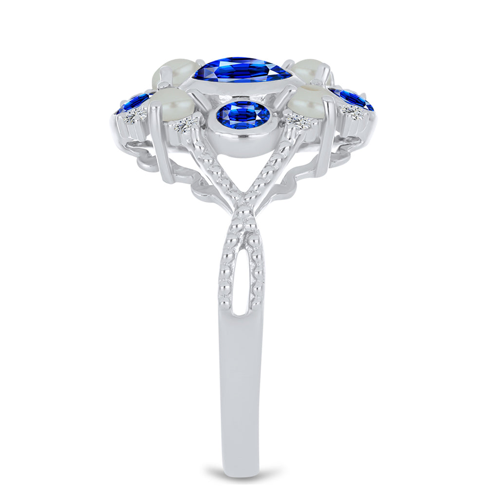 Pierścionek ze srebra próby 925 z australijskim niebieskim szafirem i białą perłą słodkowodną