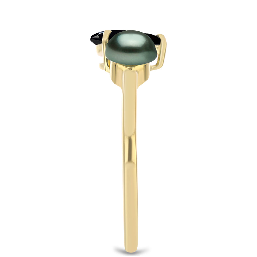 Pierścionek srebrny pozłacany z perłą słodkowodną jak Tahitiańska Zielona Iluzja i czarnym spinelem