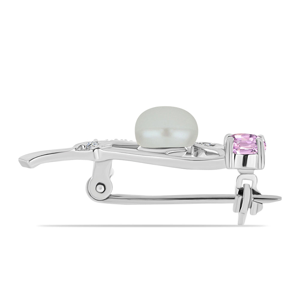 Broszka ze srebra próby 925 z kunzytem i perłą hodowlaną