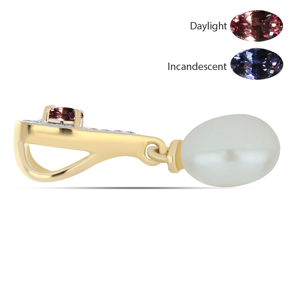 Zawieszka srebrna pozłacana z granatem zmieniającym kolor i białą perłą słodkowodną