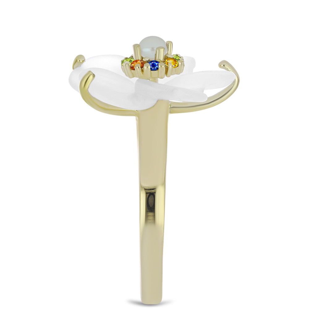 Pierścionek srebrny pozłacany z tęczowym szafirem i białą perłą słodkowodną