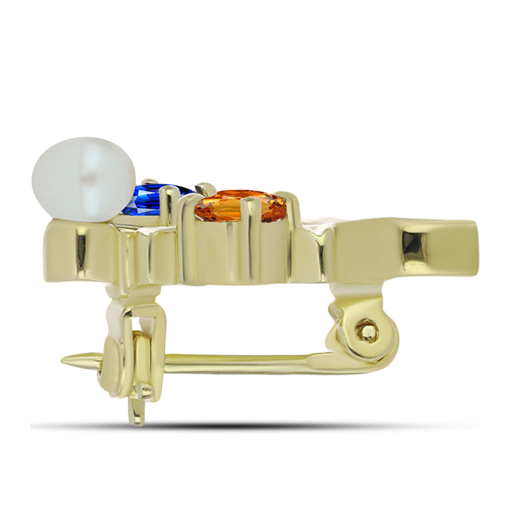 Broszka srebrny pozłacany z tęczowym szafirem i białą perłą słodkowodną