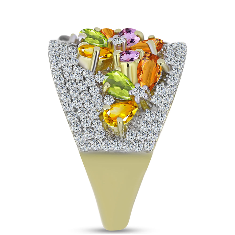 Pierścionek srebrny pozłacany z tęczowym szafirem i białym topazem