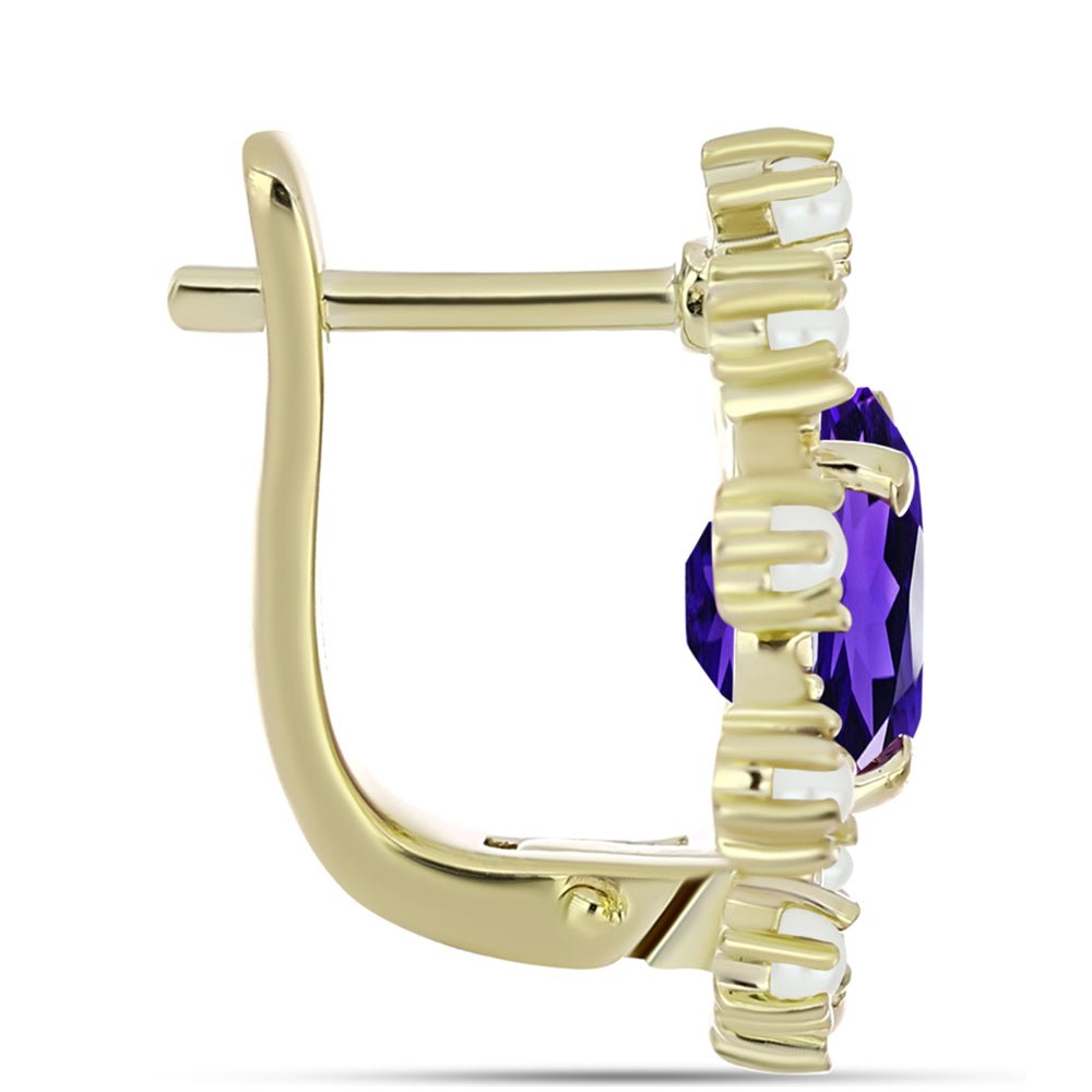 Kolczyki srebrne pozłacane z marokańskim ametystem i białą perłą słodkowodną