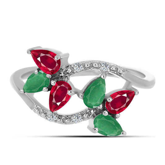 Pierścionek ze srebra próby 925 z malgaskim rubinem i brazylijskim szmaragdem