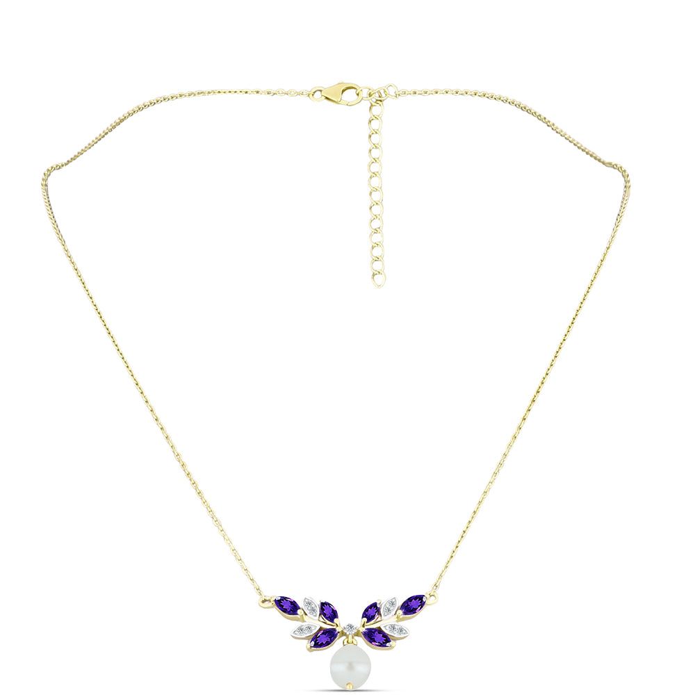 Naszyjnik srebrny pozłacany z marokańskim ametystem i białą perłą słodkowodną