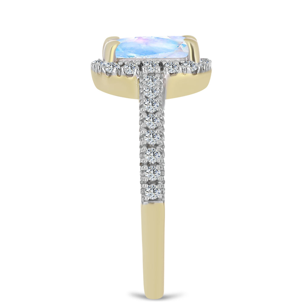Pierścionek srebrny pozłacany z tęczowym kamieniem księżycowym i białym topazem