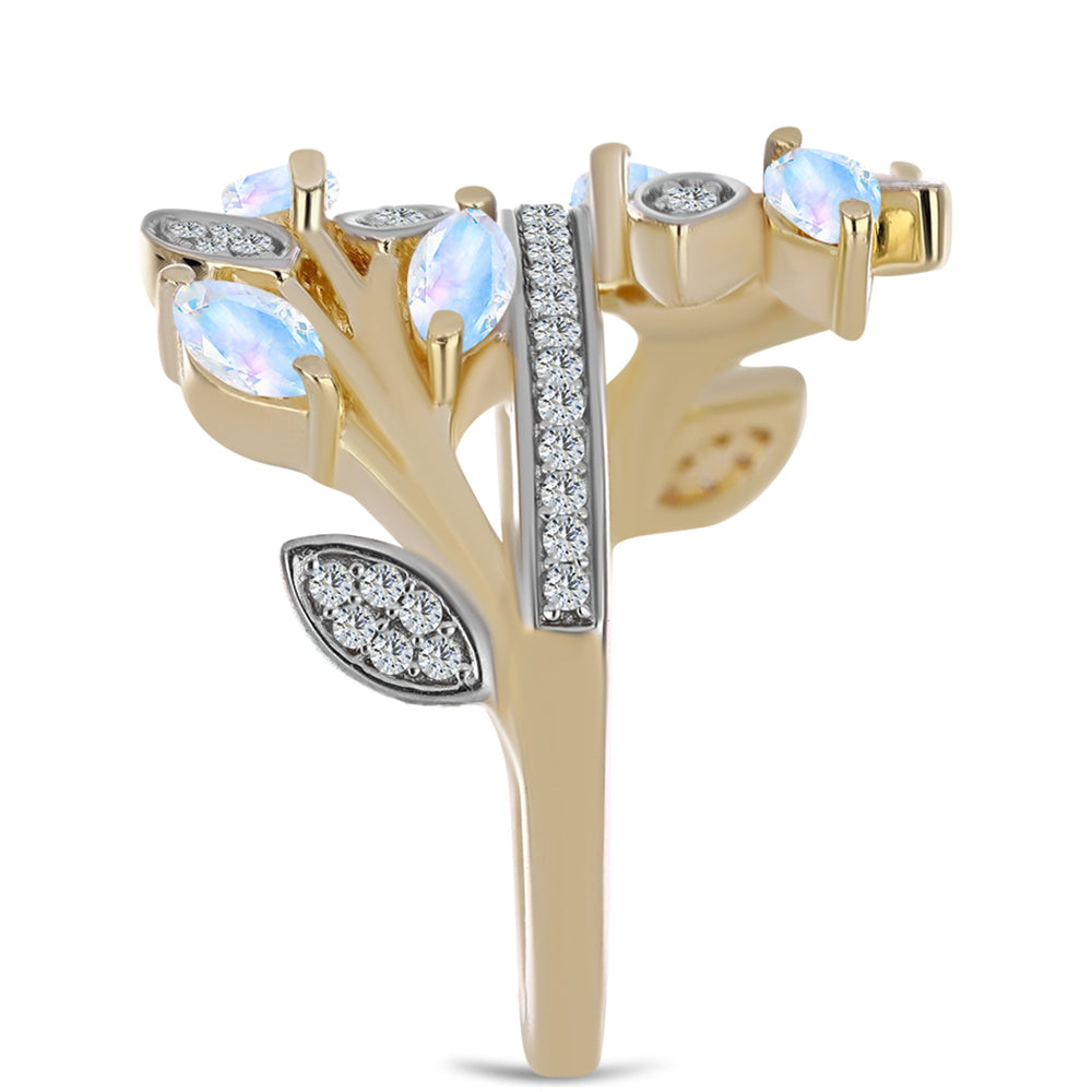 Pierścionek srebrny pozłacany z tęczowym kamieniem księżycowym i białym topazem