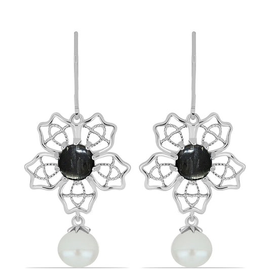 Kolczyki ze srebra próbe 925 z jaspisem i białą perłą słodkowodną